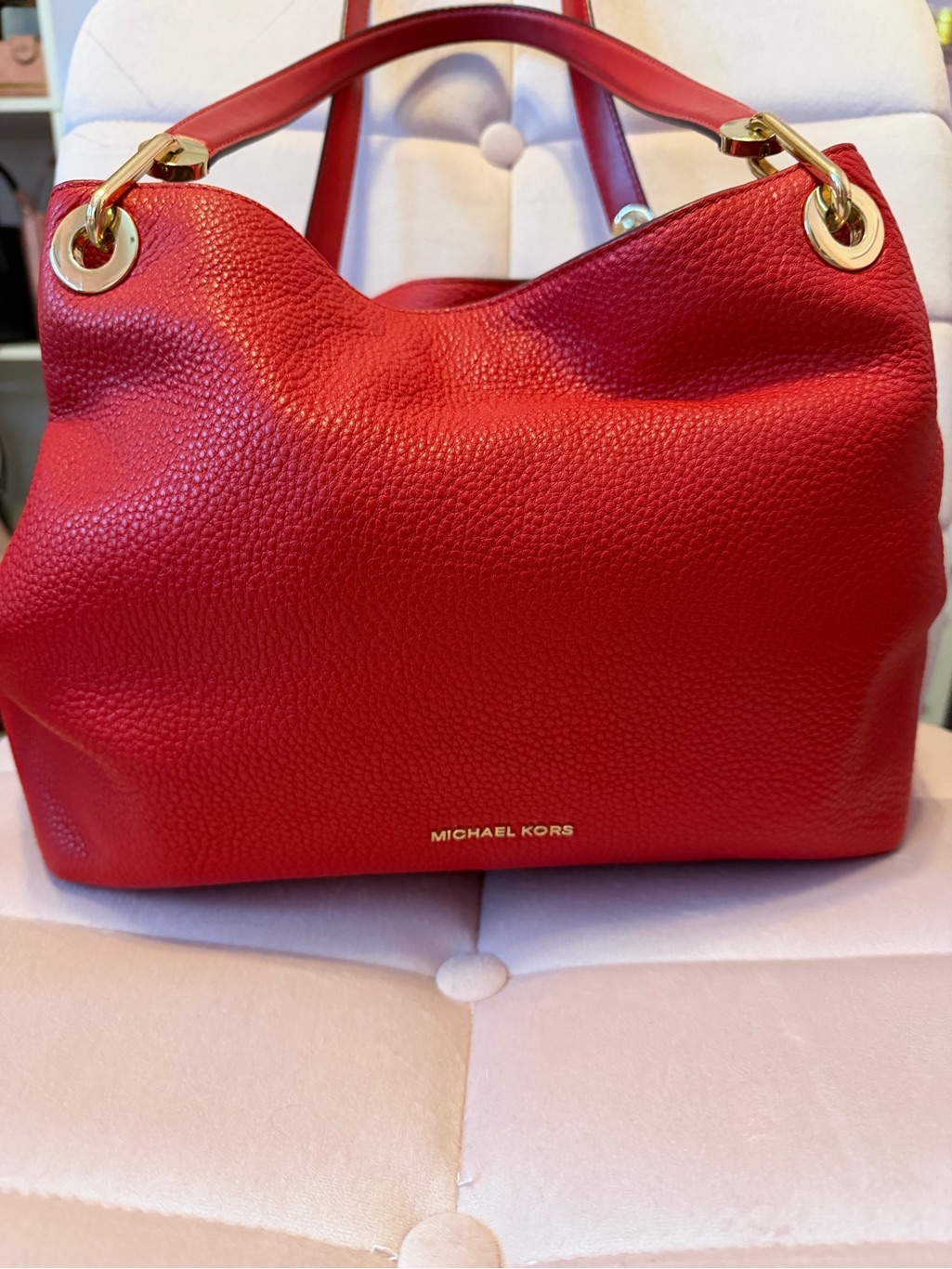 Michael Kors Red Pebbled Leather Shoulder Bag With Gold Rings